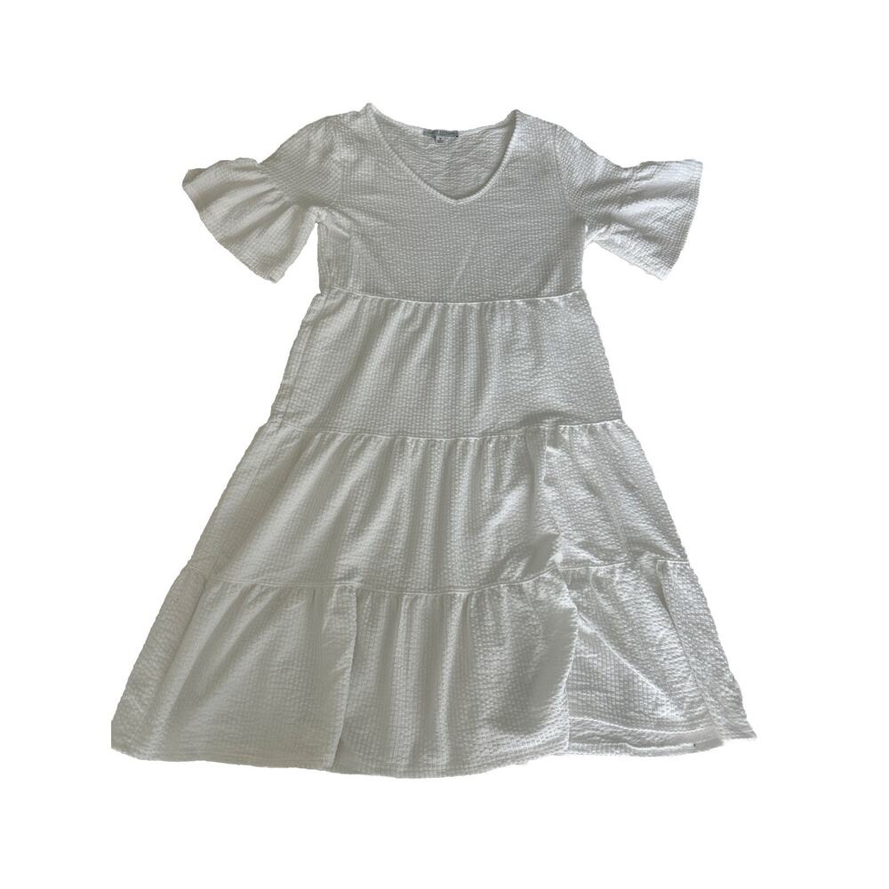 Green Envelope White Tiered Dress Women Medium Short Sleeve Casual Midi